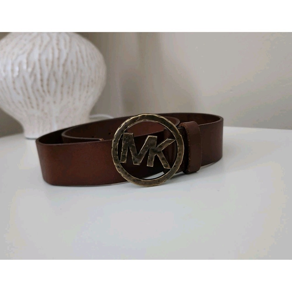 Michael Kors Women's Brown Genuine Leather Belt Western MK Brass Buckle‎ Size S